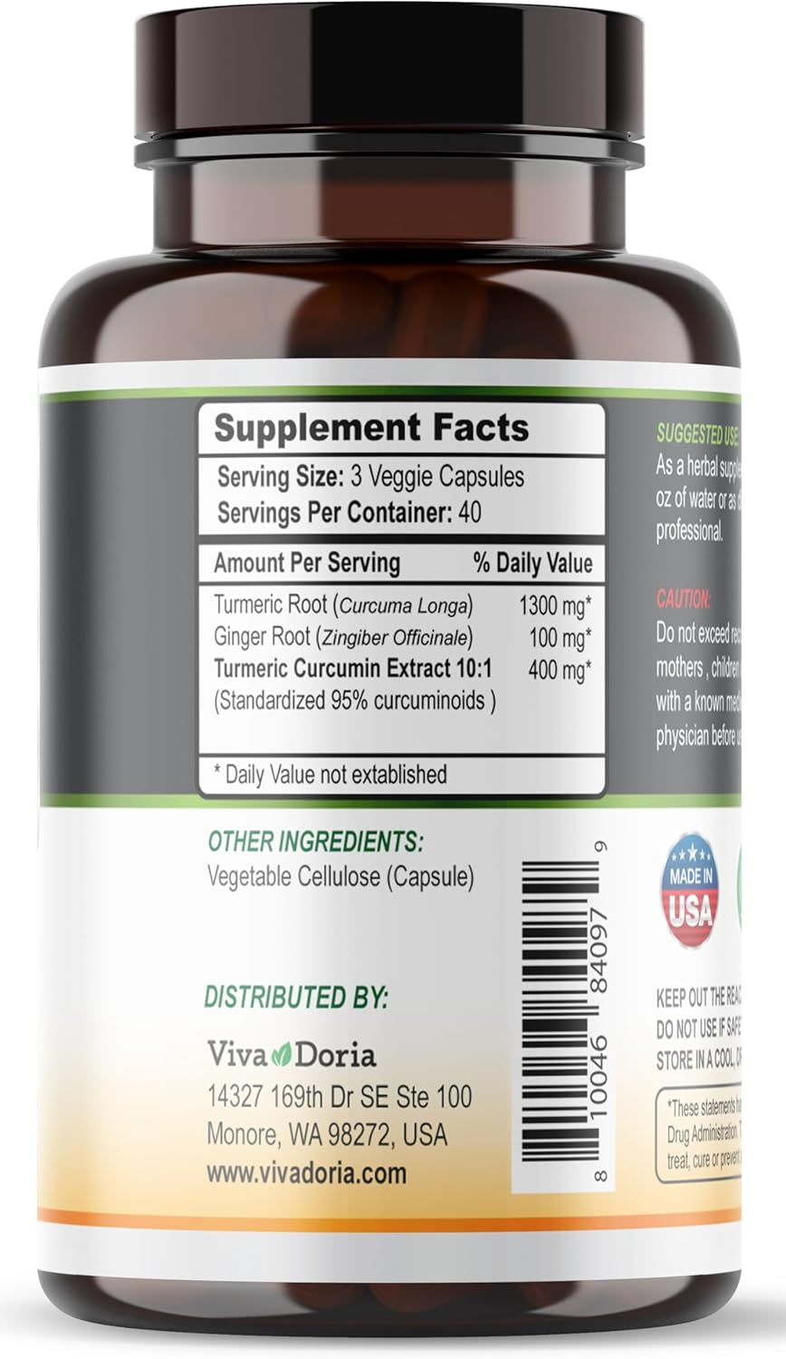 Viva Doria Turmeric Curcumin with Ginger, 95% Standardized Curcuminoids, 1800mg, 120 Capsules - Herbal Extract for Joint Health and Inflammation Support