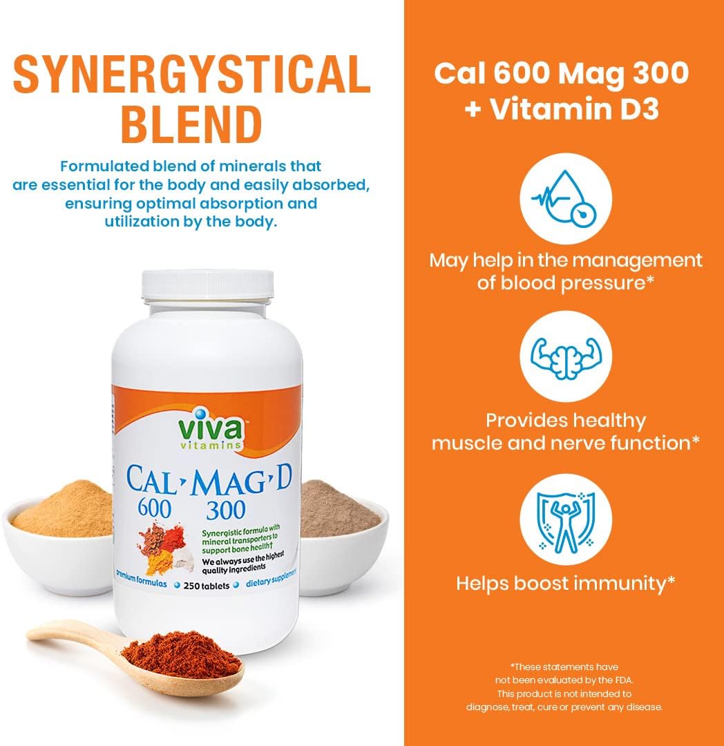 Viva Vitamins CalMagD - Calcium 600 Magnesium 300 Plus Vitamin D3 Supplement - Vegan Bone, Teeth, and Joint Support - 250 Tablets