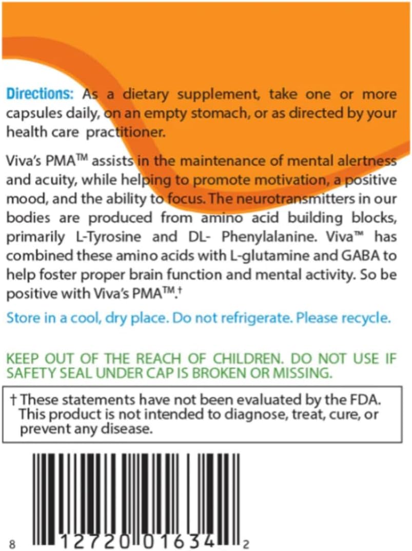 Viva Vitamins PMA Positive Mental Attitude Supplement - 60 Capsules for Mood Support and Enhancement