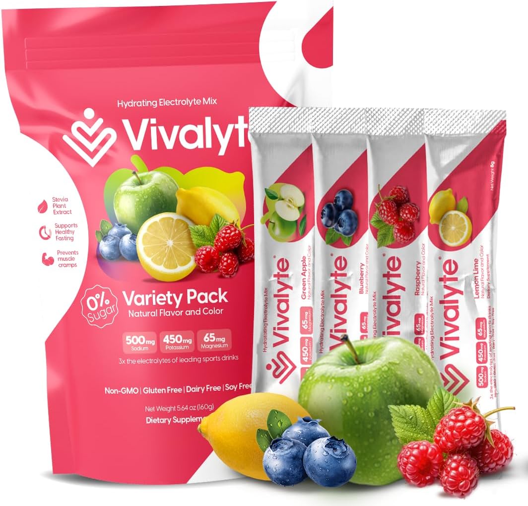 Vivalyte Electrolyte Powder Variety Pack - 20 Natural Hydration Packets with Sodium, Potassium Citrate & Magnesium L-Threonate, Stevia Sweetened, No Sugar