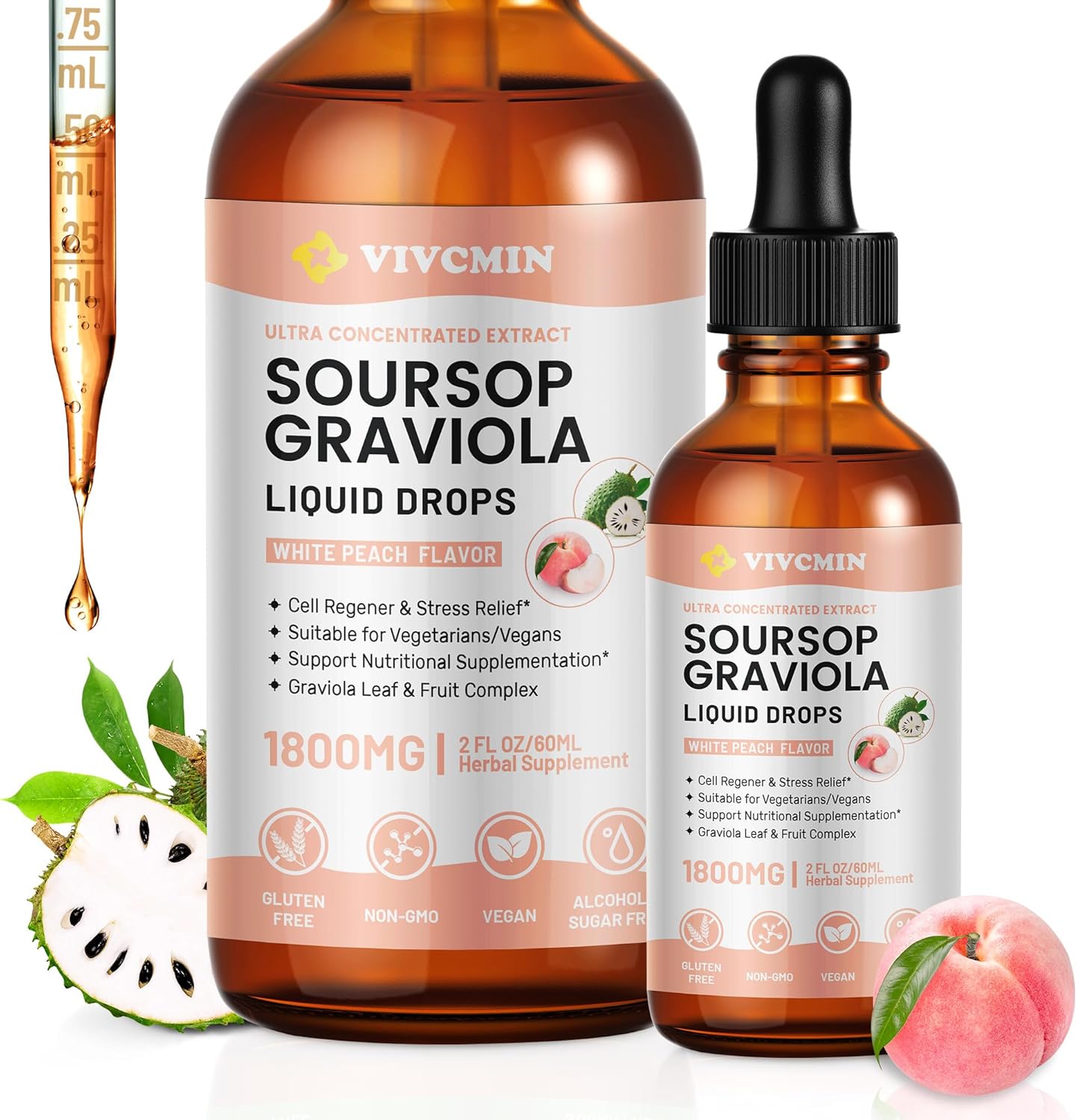Vivcmin Graviola Soursop Leaf Extract Liquid - Immune Boost & Relaxation Support, Liver & Sleep Aid, Vegan, 98% Absorption, White Peach Flavor - 2 Fl Oz