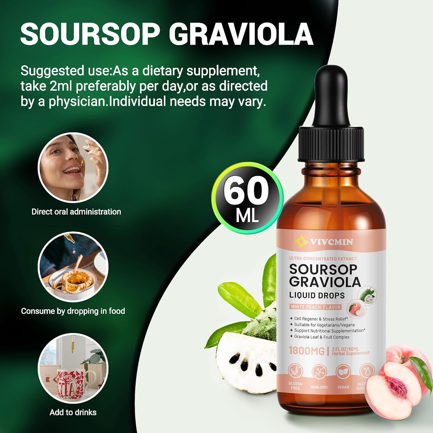 Vivcmin Graviola Soursop Leaf Extract Liquid - Immune Boost & Relaxation Support, Liver & Sleep Aid, Vegan, 98% Absorption, White Peach Flavor - 2 Fl Oz