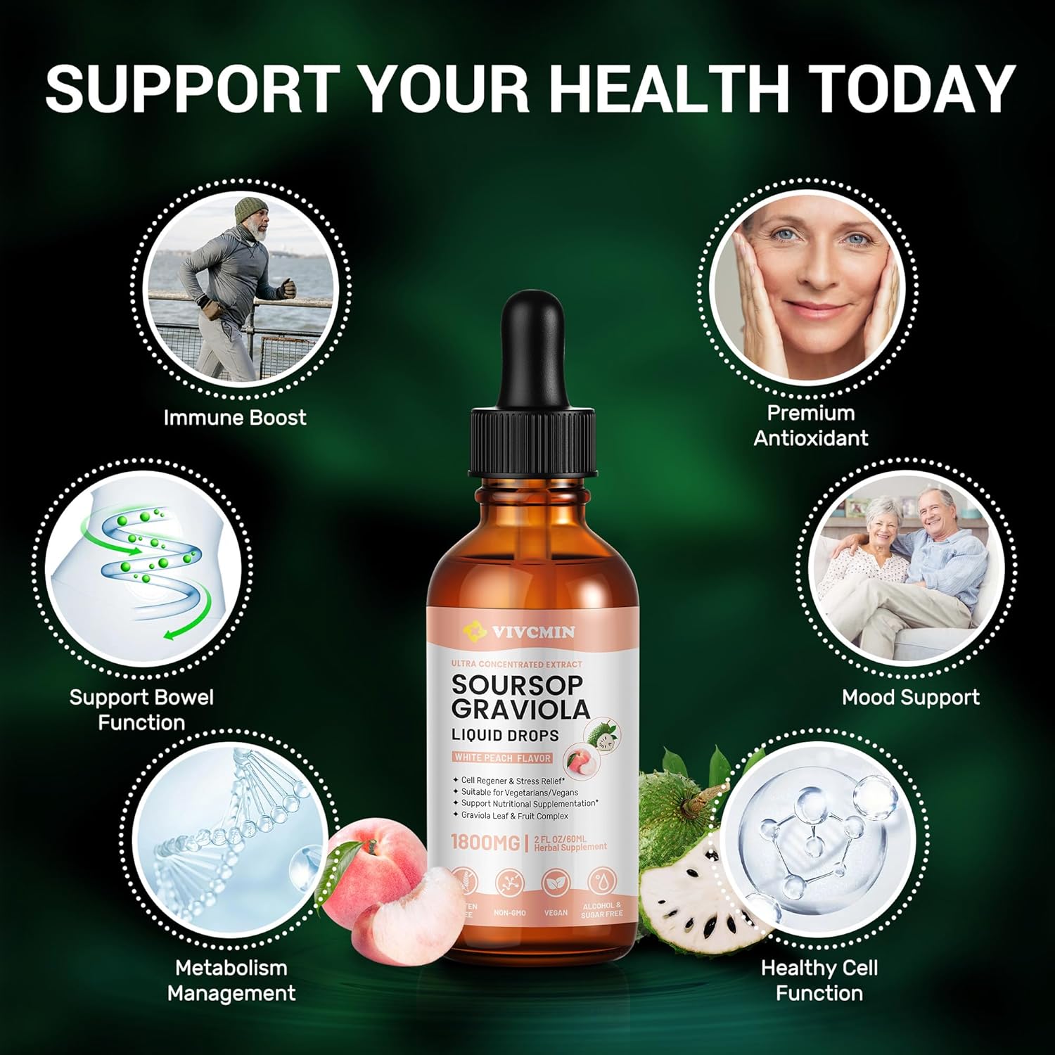 Vivcmin Graviola Soursop Leaf Extract Liquid - Immune Boost & Relaxation Support, Liver & Sleep Aid, Vegan, 98% Absorption, White Peach Flavor - 2 Fl Oz