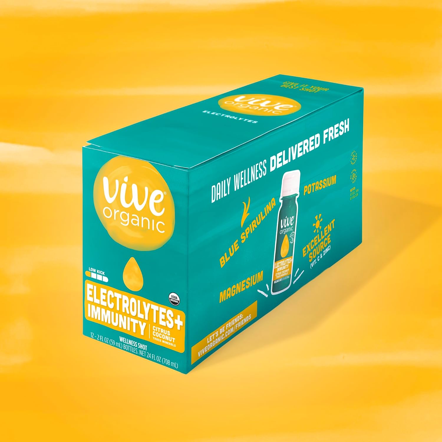 Vive Organic Blue Spirulina Electrolyte Shots with Immune Support, Coconut Water & Trace Minerals - Pack of 12, 2 Fl Oz Each - Gluten Free, Vegan Formula for Refueling and Rehydration