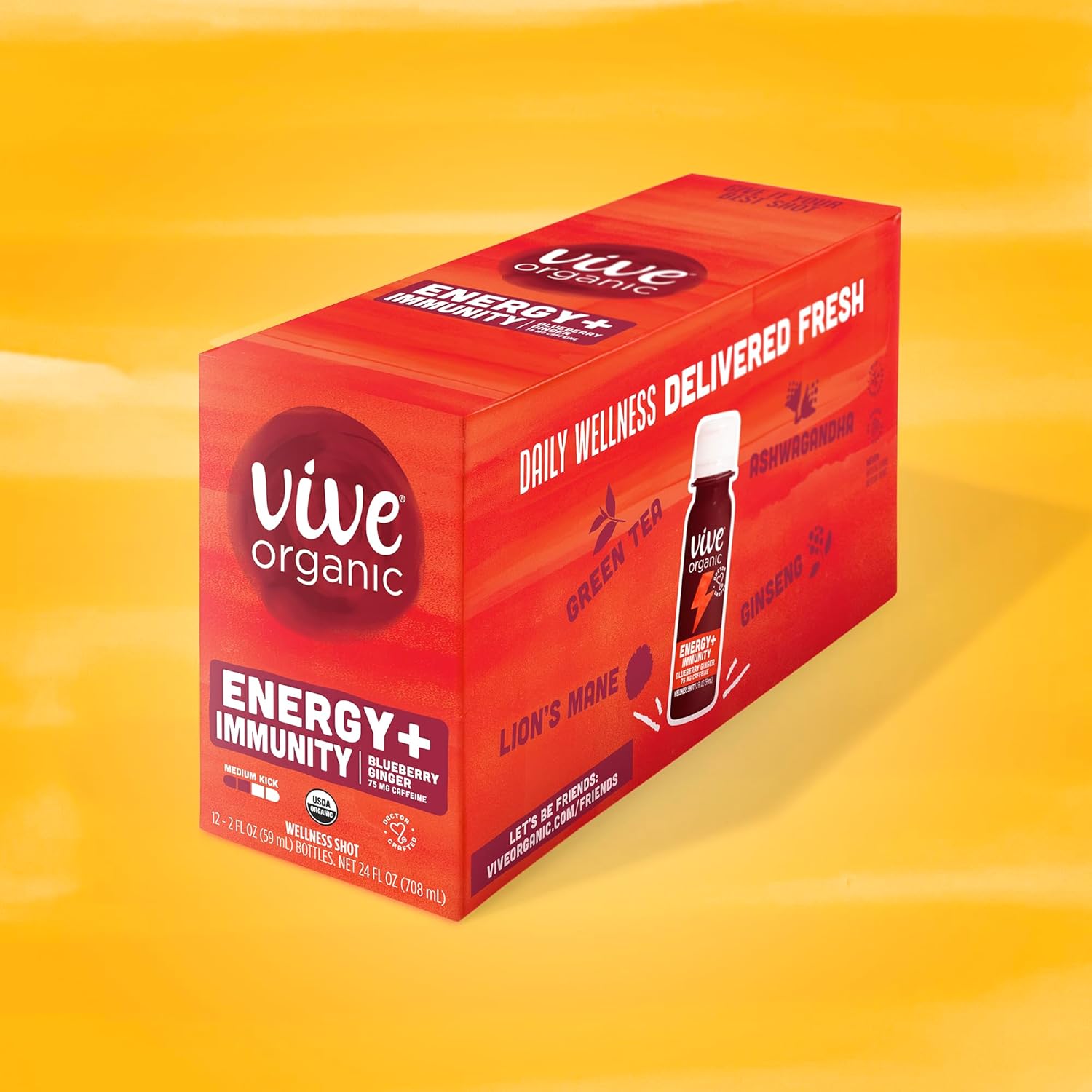 Vive Organic Energy Shot with Ashwagandha and Green Tea, Immune Support & Energy Boost, Vegan & Gluten-Free, Pack of 12