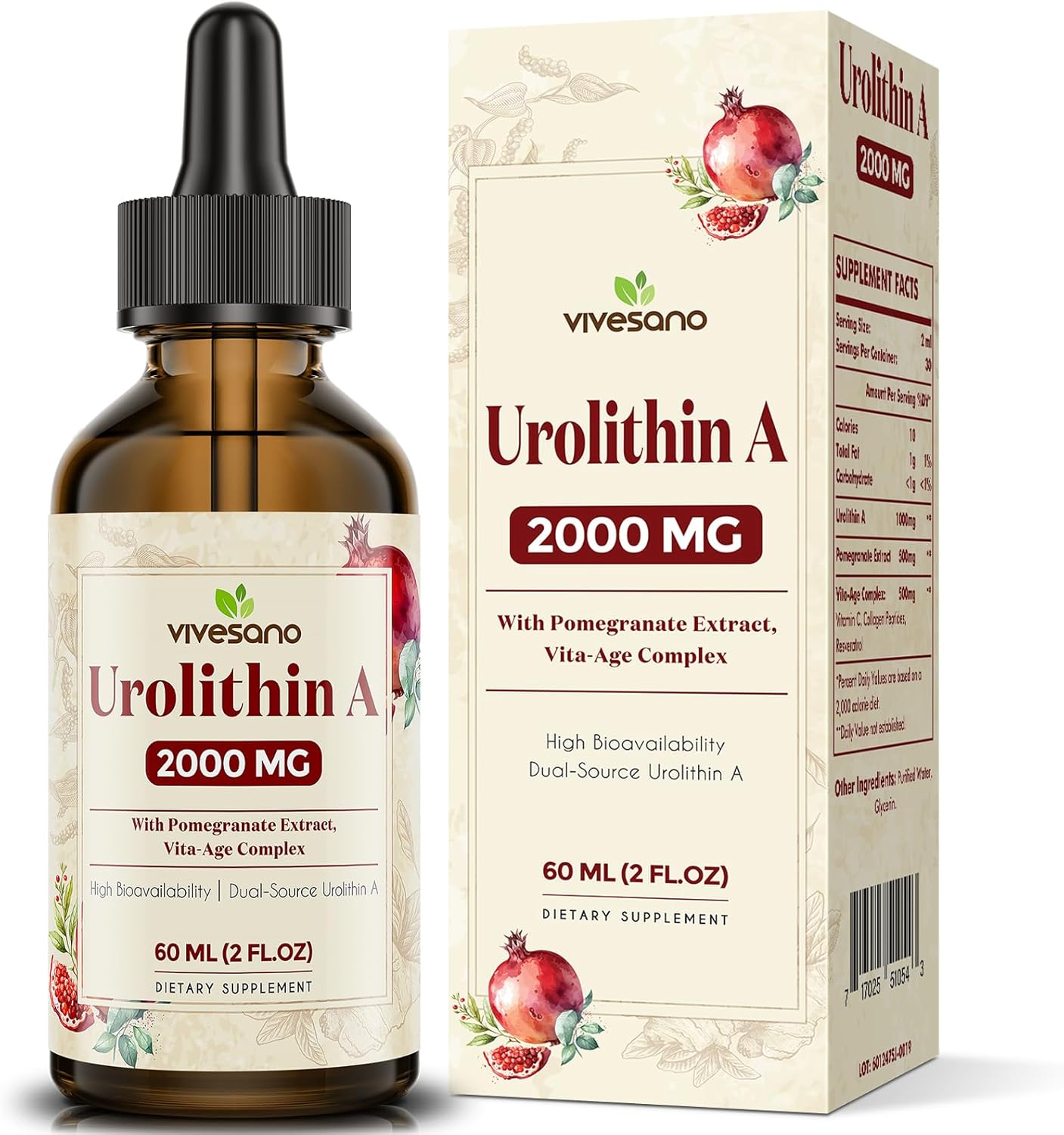 ViveSano Urolithin A Liquid Drops - 2000MG, 60ML (2 Fl Oz) - Natural Antioxidant Supplement