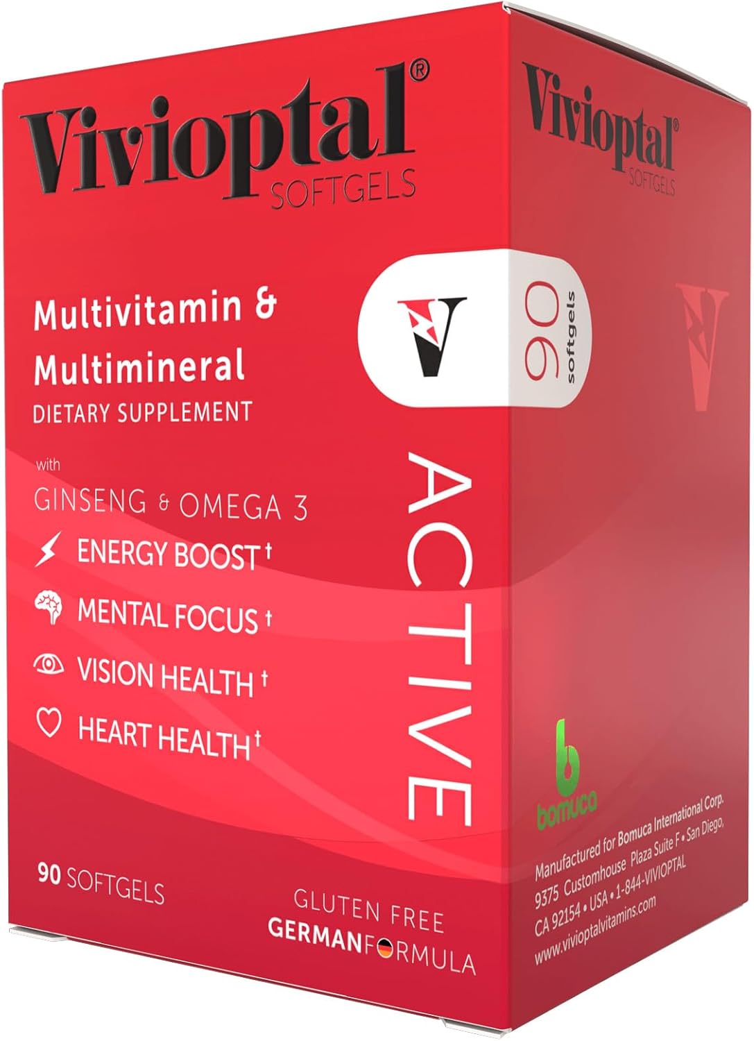 Vivioptal Active Softgels - 90 Count with Ginseng, Omega 3, Multivitamin & Multimineral - Gluten Free German Formula