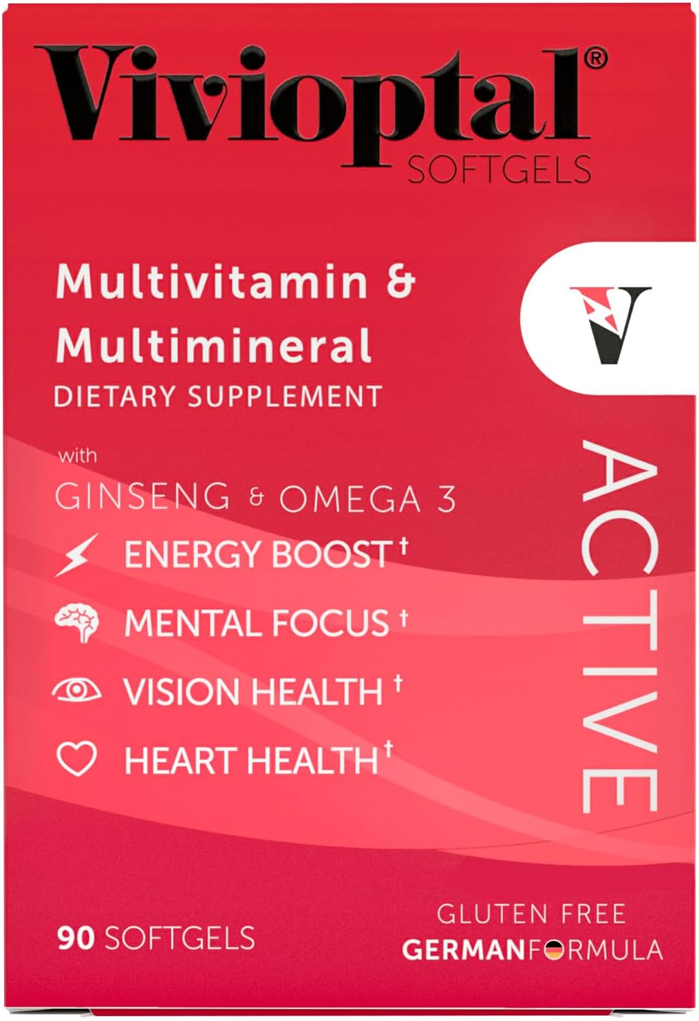 Vivioptal Active Softgels - 90 Count with Ginseng, Omega 3, Multivitamin & Multimineral - Gluten Free German Formula