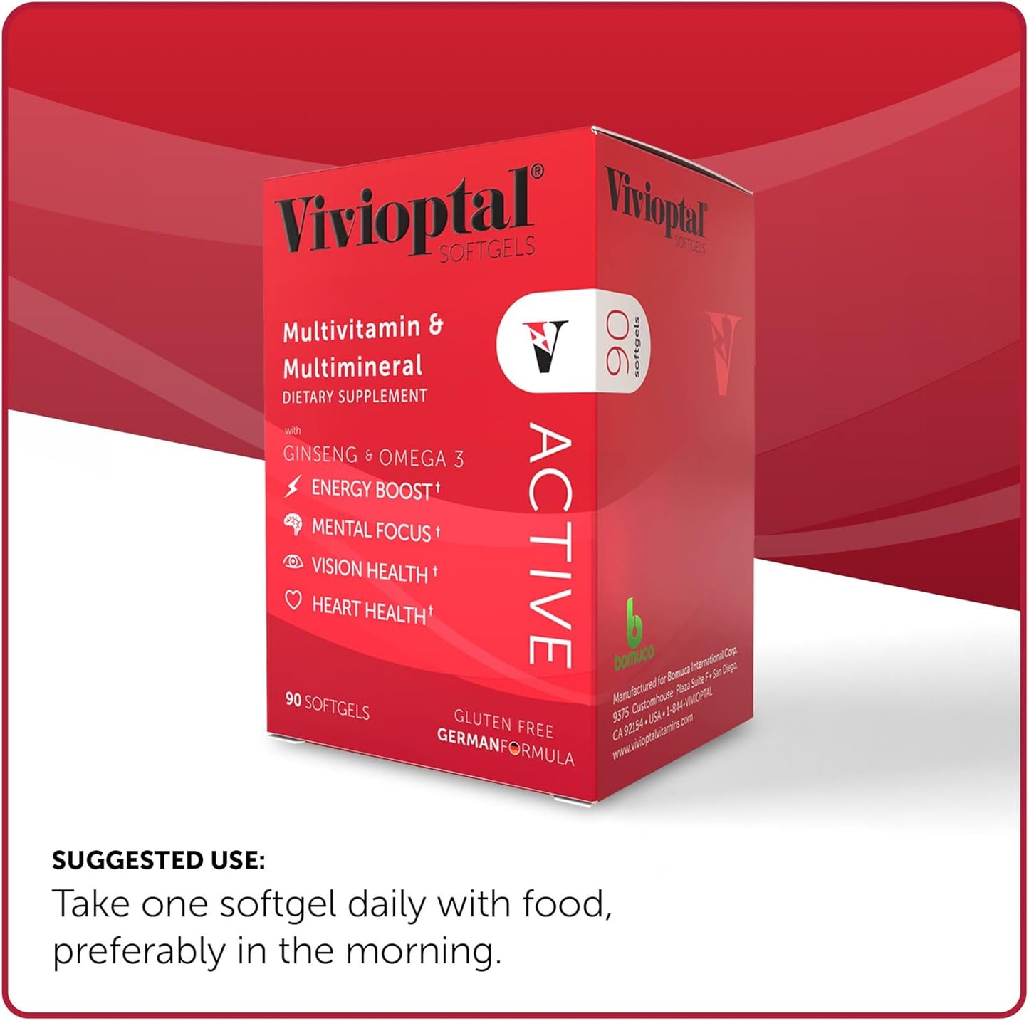 Vivioptal Active Softgels - 90 Count with Ginseng, Omega 3, Multivitamin & Multimineral - Gluten Free German Formula
