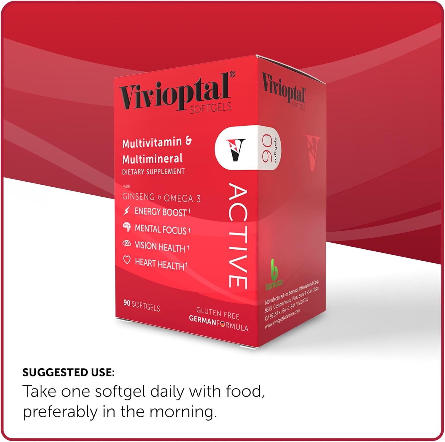 Vivioptal Active Softgels - 90 Count with Ginseng, Omega 3, Multivitamin & Multimineral - Gluten Free German Formula