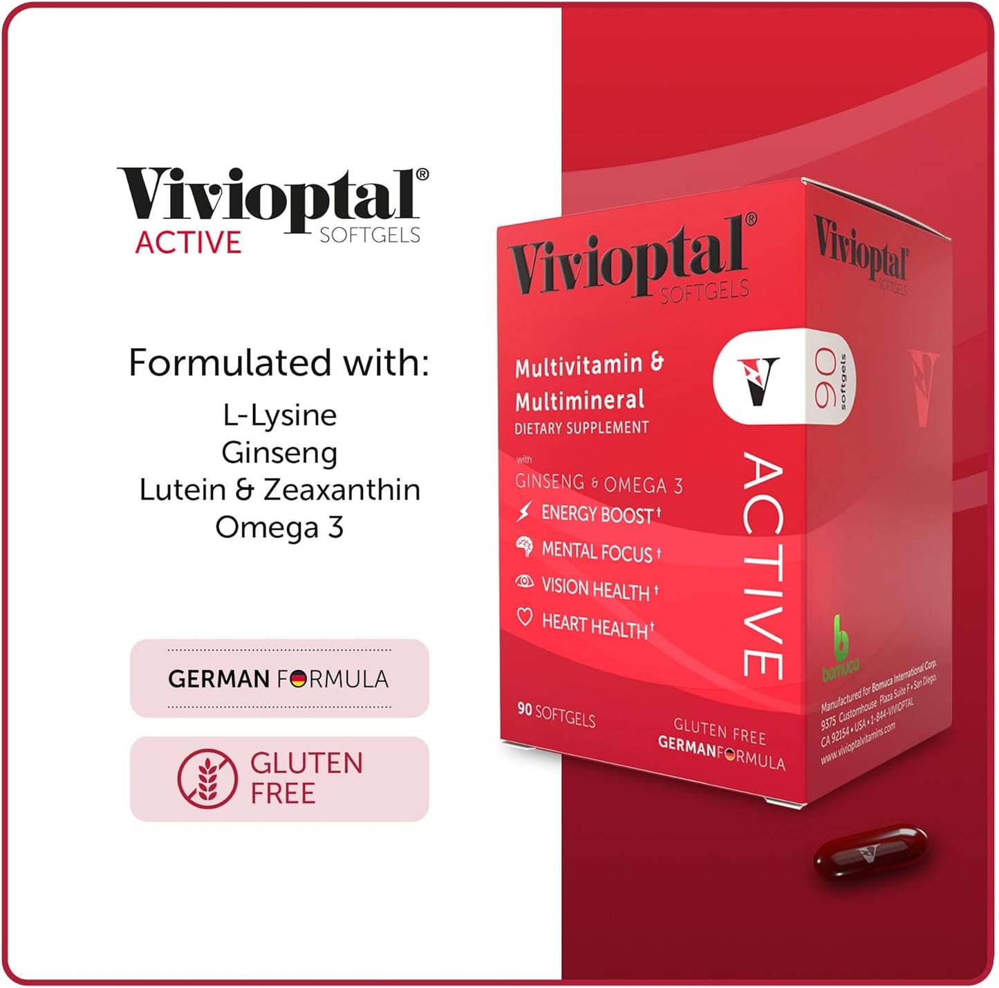 Vivioptal Active Softgels - 90 Count with Ginseng, Omega 3, Multivitamin & Multimineral - Gluten Free German Formula