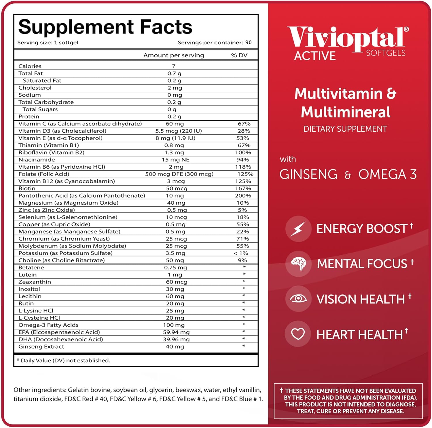 Vivioptal Active Softgels - 90 Count with Ginseng, Omega 3, Multivitamin & Multimineral - Gluten Free German Formula