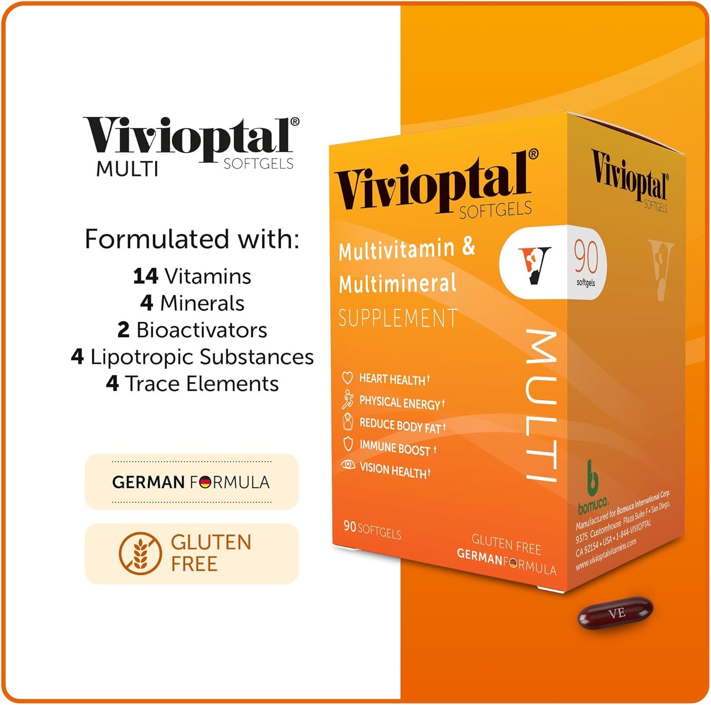 Vivioptal Multi Softgels - 90 Count Multivitamin & Multimineral, Gluten Free German Formula