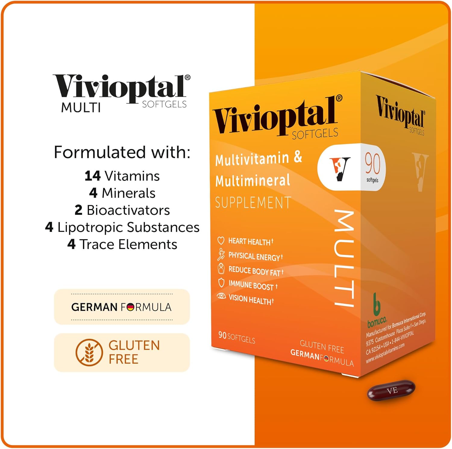 Vivioptal Multi Softgels - 90 Count Multivitamin & Multimineral, Gluten Free German Formula
