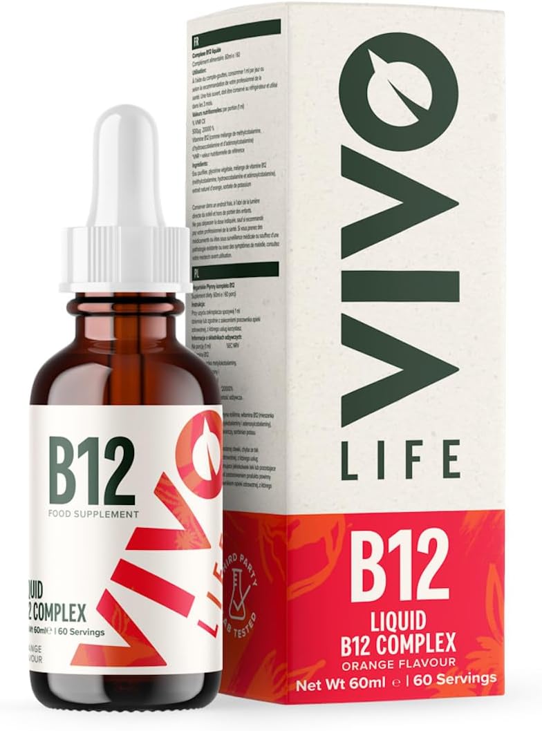 Vivo Life Liquid Vitamin B12 Complex Supplement, 60ml - High Potency Orange Flavor Drops, 60 Servings