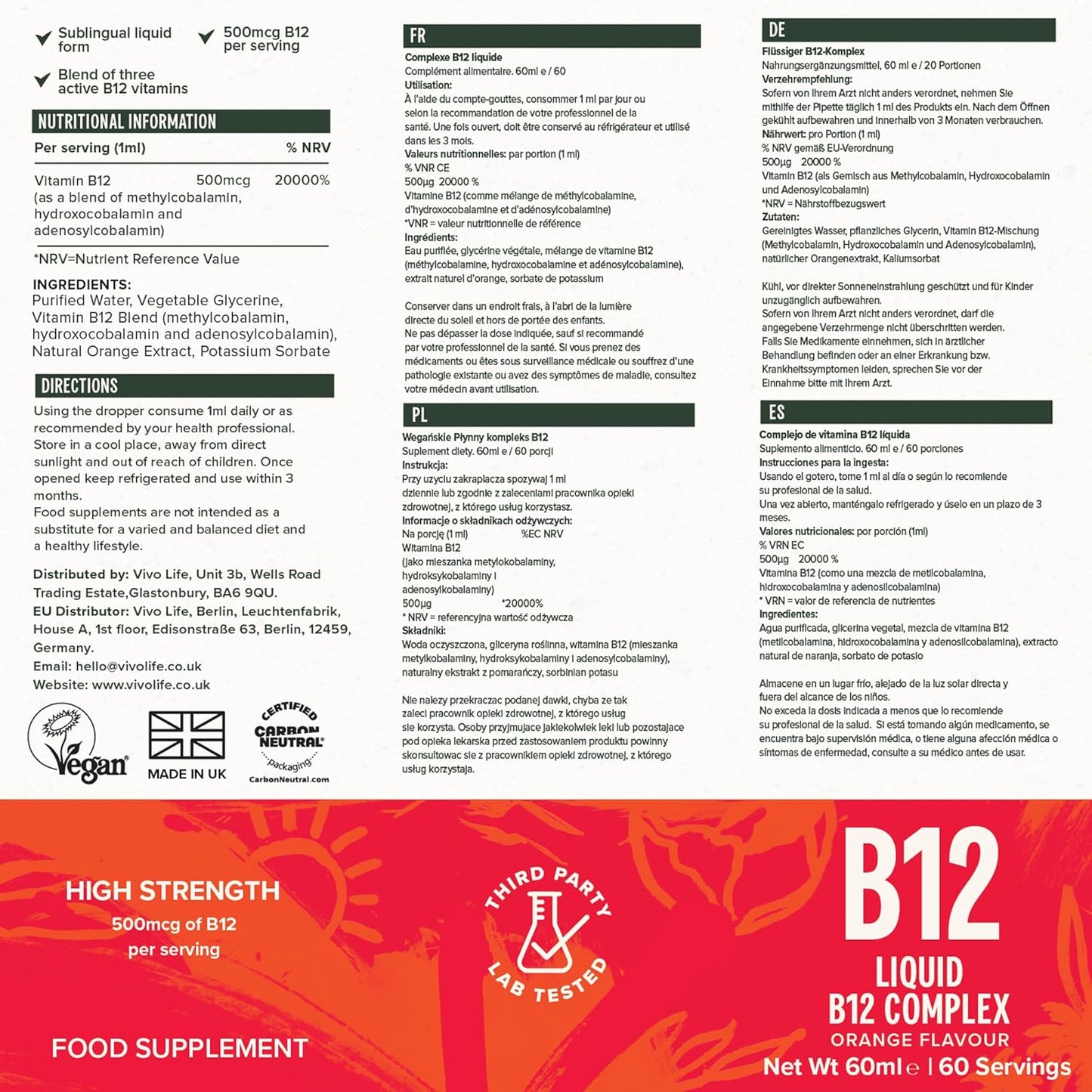 Vivo Life Liquid Vitamin B12 Complex Supplement, 60ml - High Potency Orange Flavor Drops, 60 Servings