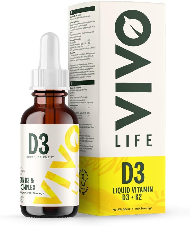 Vivo Life Vitamin D3 K2 Liquid Drops - 2000iu D3, Vegan Supplement, Men Women, 100 Servings