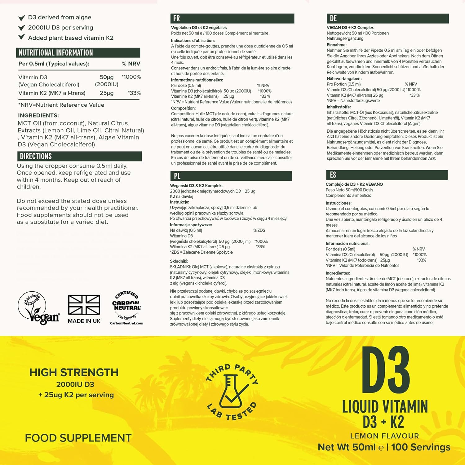 Vivo Life Vitamin D3 K2 Liquid Drops - 2000iu D3, Vegan Supplement, Men Women, 100 Servings