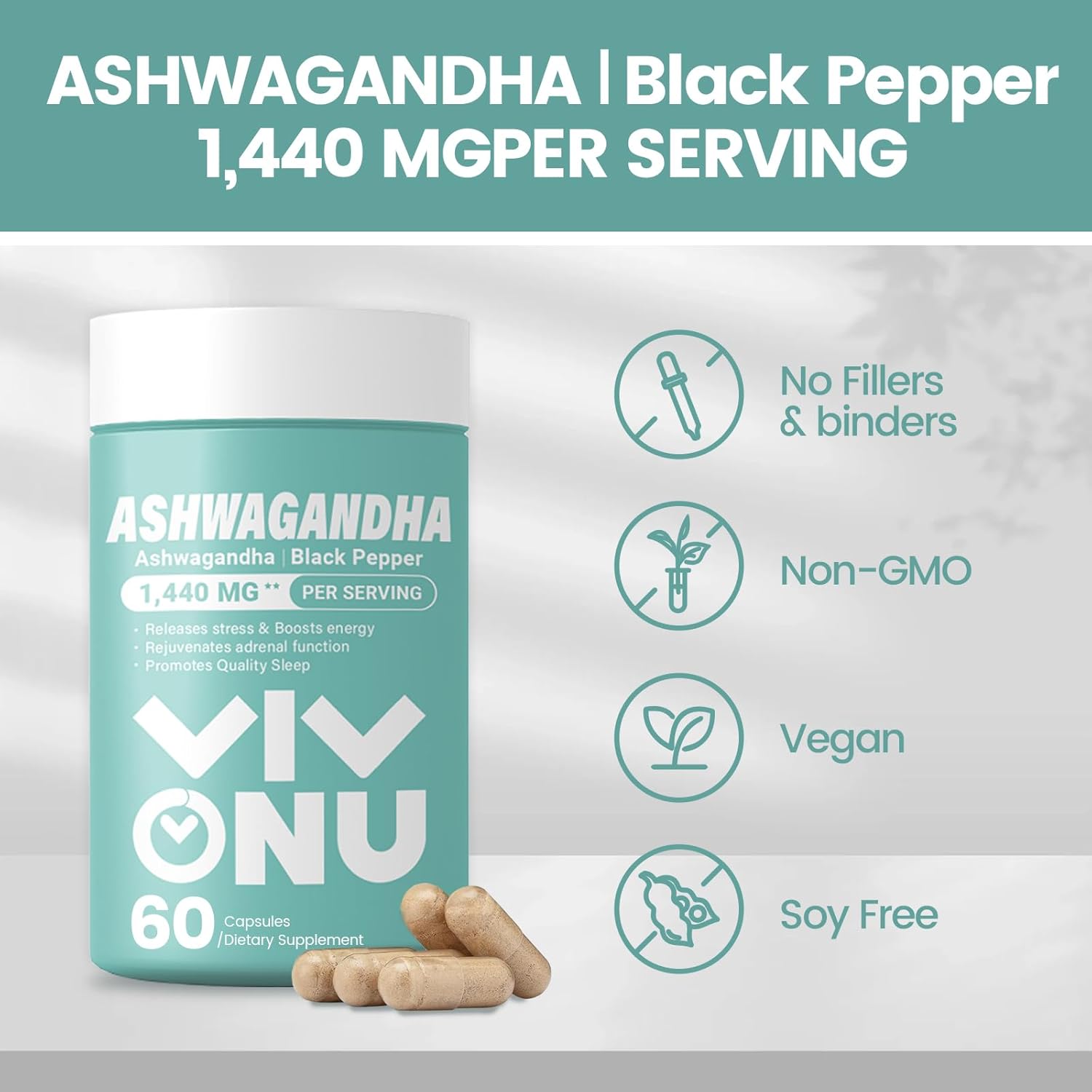 VivoNu Ashwagandha Vegan Capsules with KSM-66 Root Extract for Women - Probiotic Blend with 60 Billion CFUs