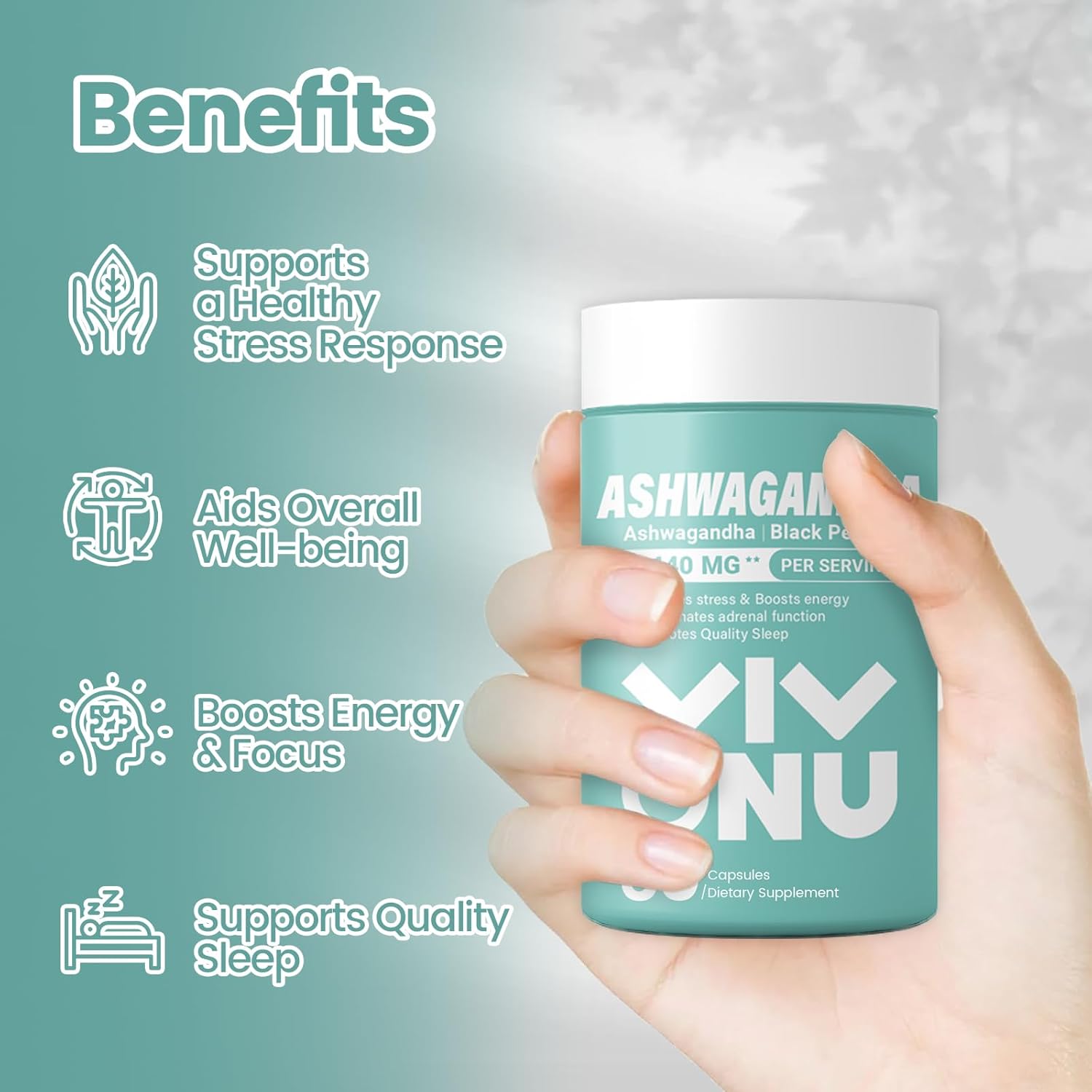 VivoNu Ashwagandha Vegan Capsules with KSM-66 Root Extract for Women - Probiotic Blend with 60 Billion CFUs