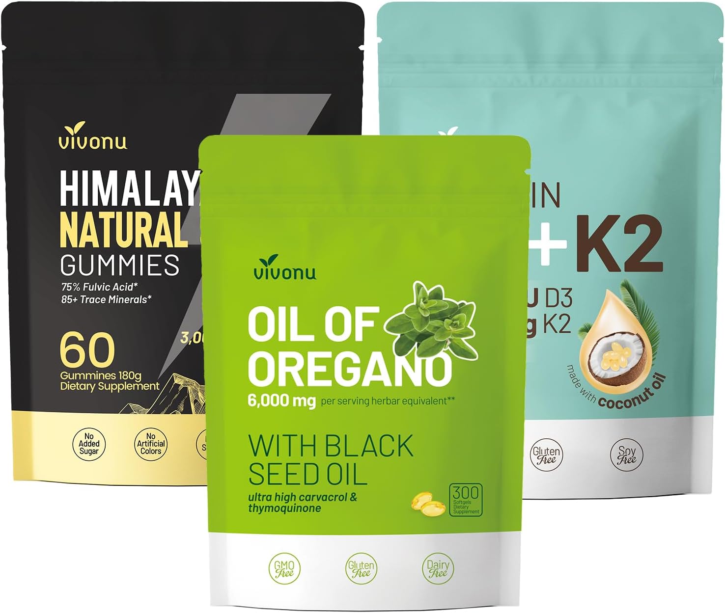 VivoNu Oil of Oregano Capsules with Shilajit Supplement, Vitamin D3 10000 iu, K2 (MK-7) 200 mcg, 300 Coconut Oil Softgels