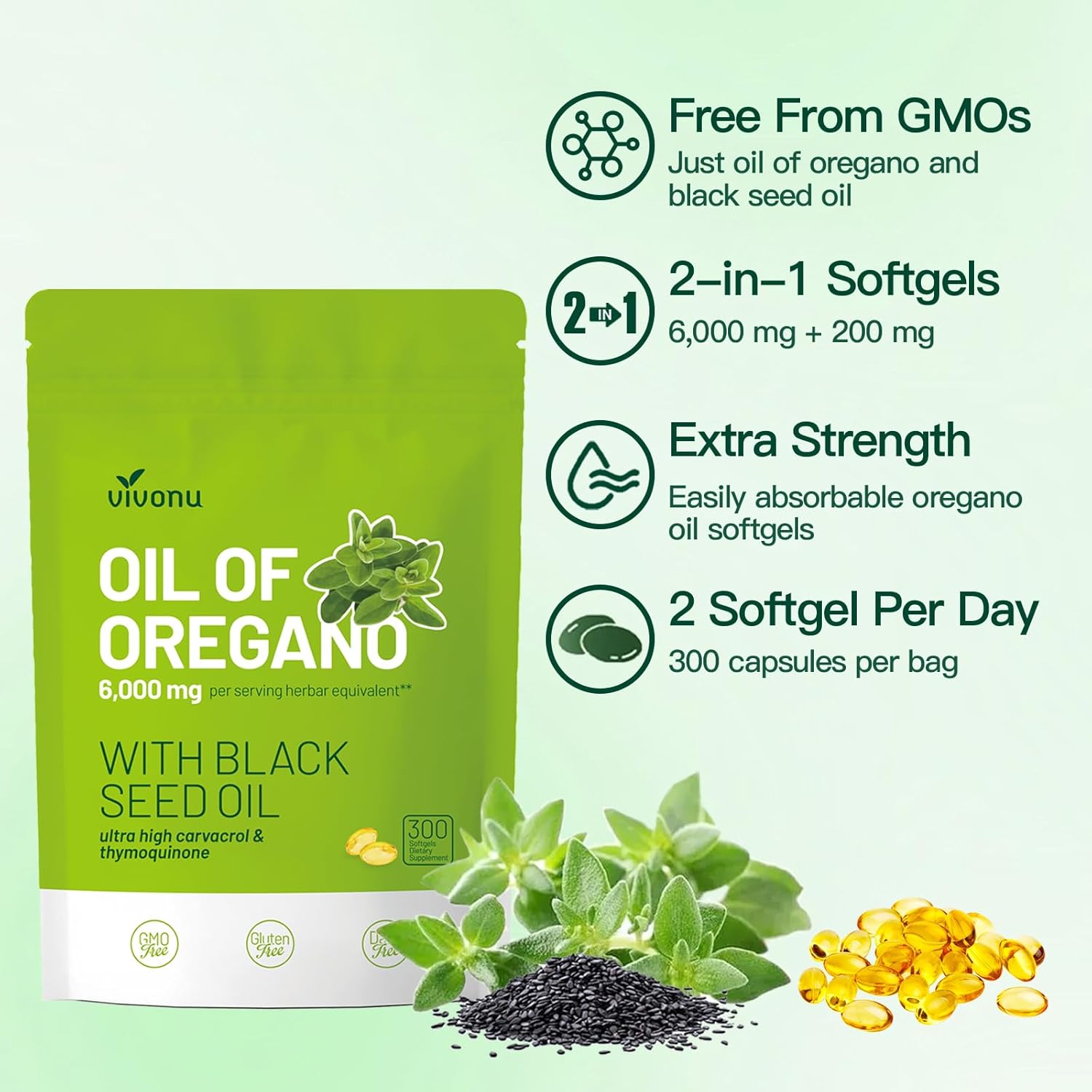 VivoNu Oil of Oregano Softgels with Black Seed Oil - Women's Probiotic Capsules, 60 Billion CFUs