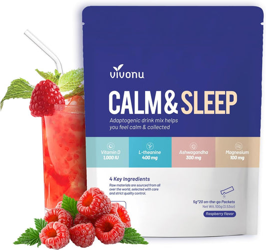 VivoNu Raspberry Calm & Sleep Drink Mix with L-Theanine, Ksm-66 Ashwagandha, Magnesium, Glycinate, Vitamin D3 - Relaxation & Focus Support