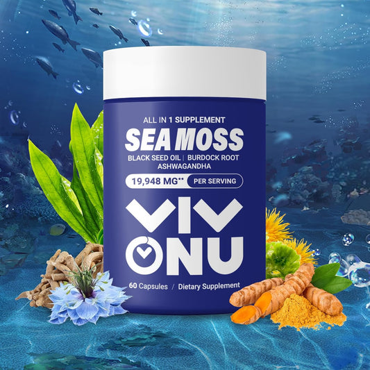 VivoNu Sea Moss Black Seed Oil Ashwagandha Shilajit Ginger Capsules with Burdock Turmeric Vitamins C & D3 Elderberry ACV Manuka Dandelion - Immune System, Skin, Energy Support