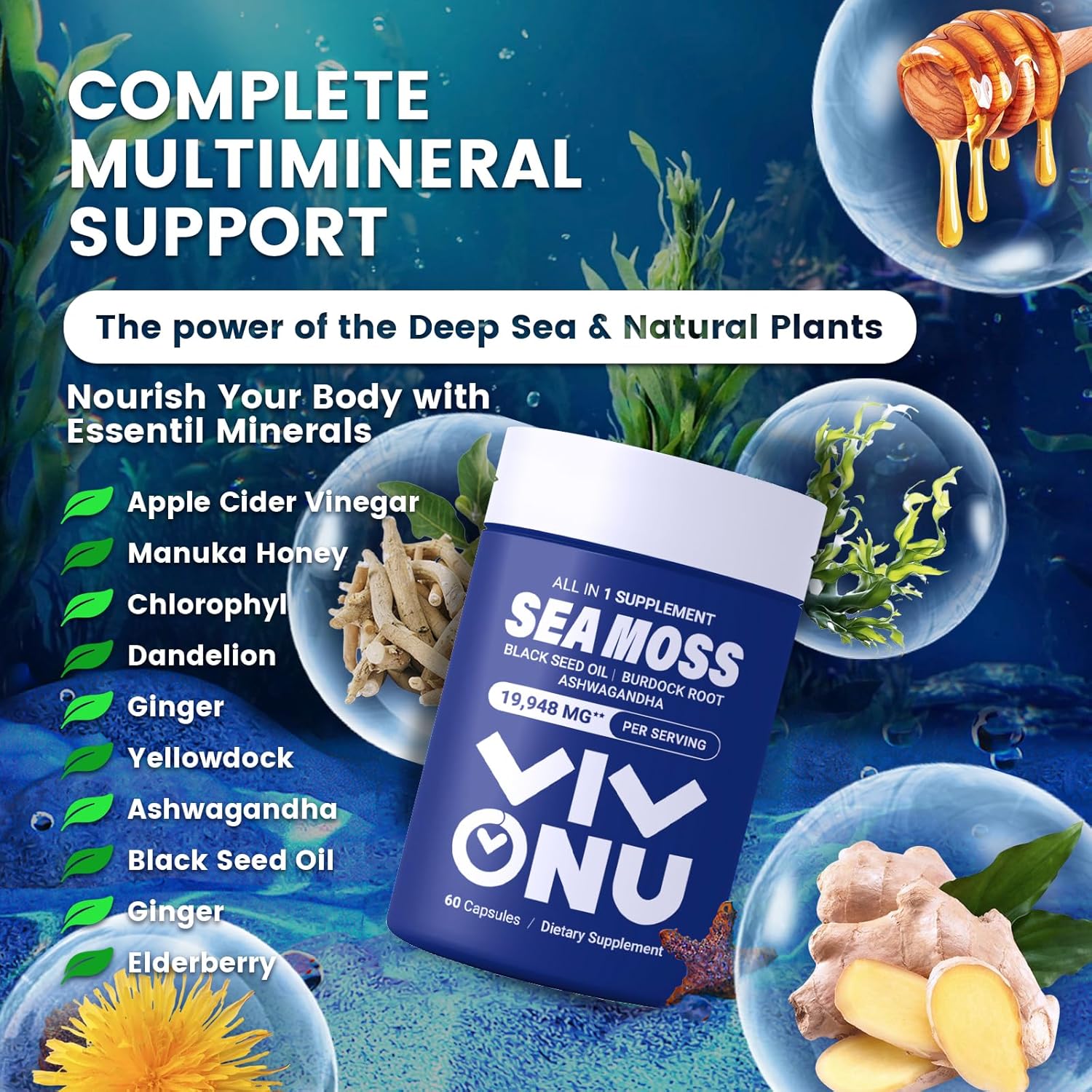 VivoNu Sea Moss Black Seed Oil Ashwagandha Shilajit Ginger Capsules with Burdock Turmeric Vitamins C & D3 Elderberry ACV Manuka Dandelion - Immune System, Skin, Energy Support