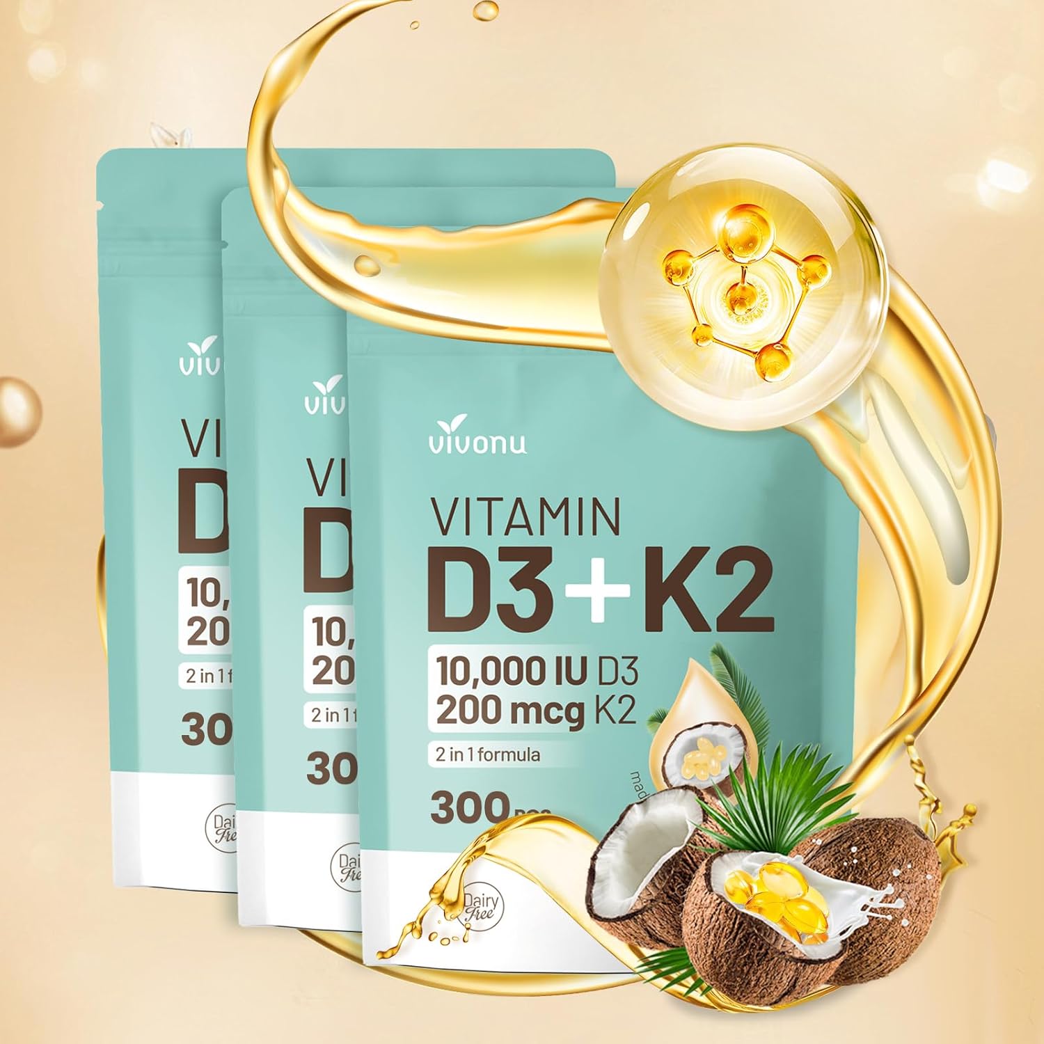 VivoNu Vitamin D3 10000 IU & K2 (MK-7) 200 mcg Softgels with Coconut Oil - 2-in-1 VIT D & K Complex for Bone, Immune, and Heart Health - 900 Softgels in 3 Bags