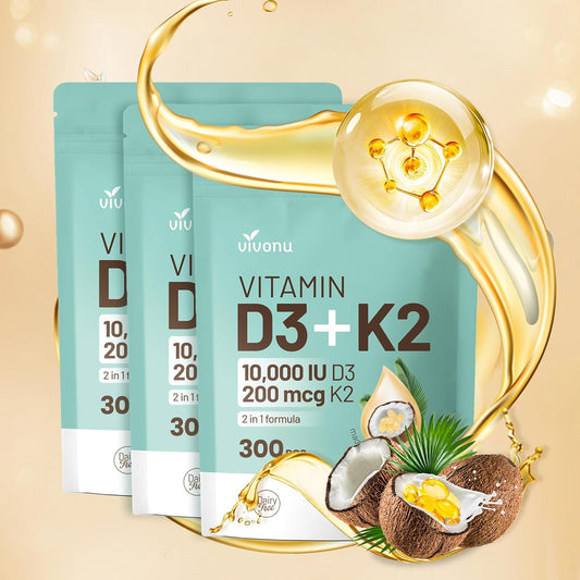 VivoNu Vitamin D3 10000 IU & K2 (MK-7) 200 mcg Softgels with Coconut Oil - 2-in-1 VIT D & K Complex for Bone, Immune, and Heart Health - 900 Softgels in 3 Bags