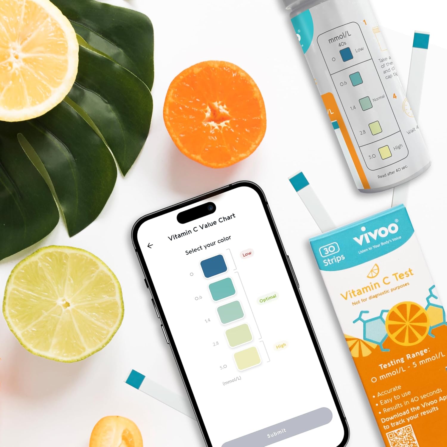 Vivoo Vitamin C Test Strips - Monitor Your Vitamin C Levels Easily at Home! Quick 40-Second Test for Precise Results - 30 Strips