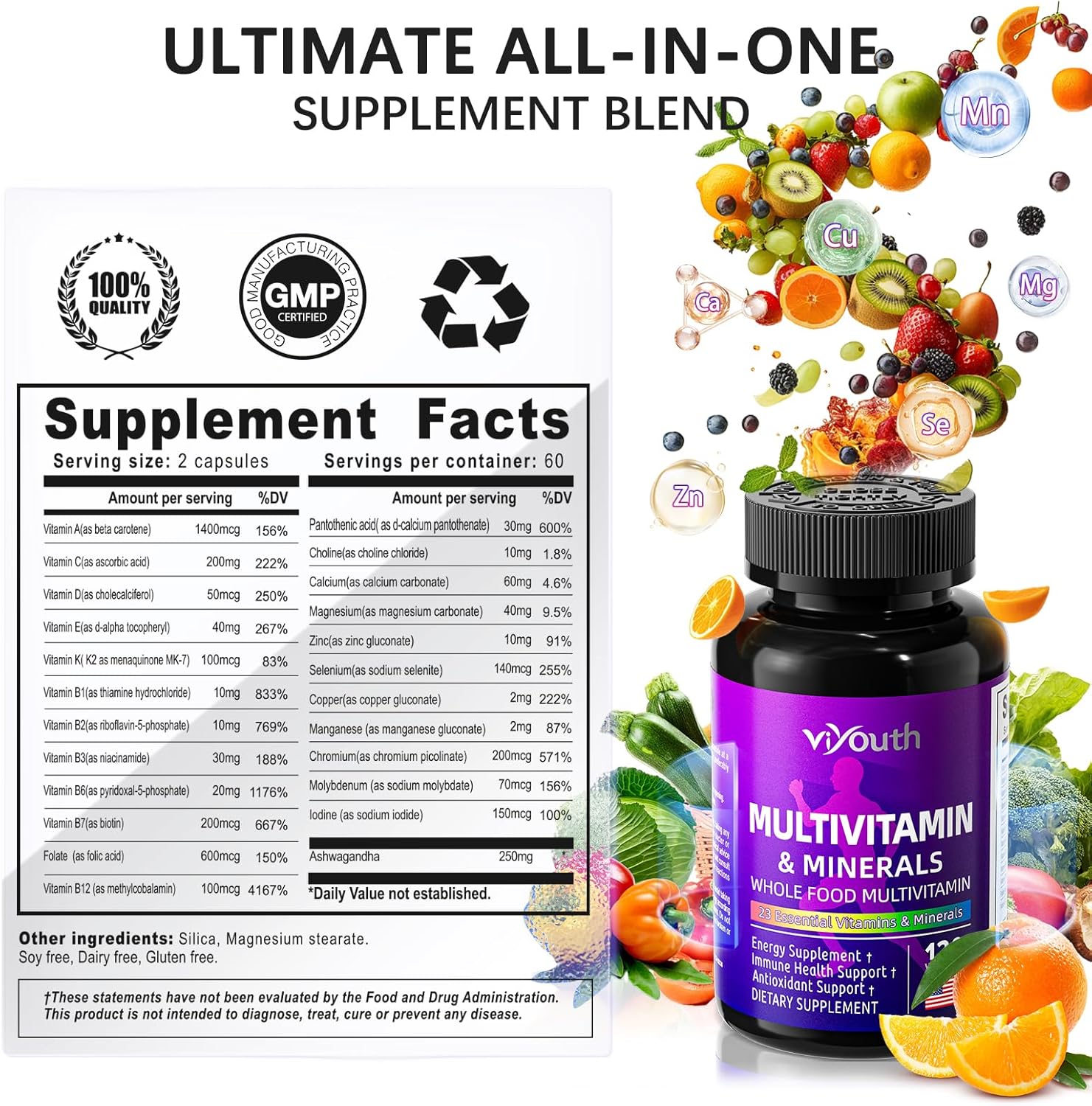 VIYOUTH Multivitamin Capsules with 13 Essential Vitamins, 9 Minerals, Ashwagandha, and Choline - Immunity Boost, Vitality, Skin Health - 120 Count