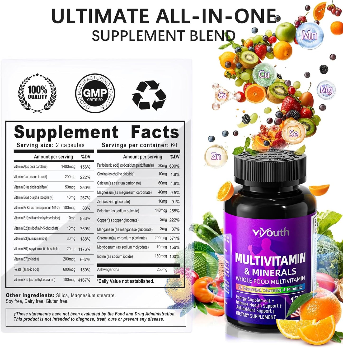 VIYOUTH Multivitamin Capsules with 13 Essential Vitamins, 9 Minerals, Ashwagandha & Choline for Immunity, Vitality, & Skin Health - 120 Count