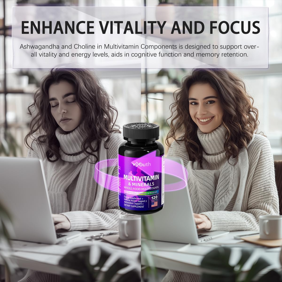 VIYOUTH Multivitamin Capsules with 13 Essential Vitamins, 9 Minerals, Ashwagandha & Choline for Immunity, Vitality, & Skin Health - 120 Count