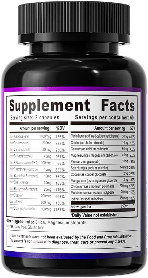 VIYOUTH Multivitamin Capsules with 13 Essential Vitamins, 9 Minerals, Ashwagandha, and Choline - Immunity Boost, Vitality, Skin Health - 120 Count