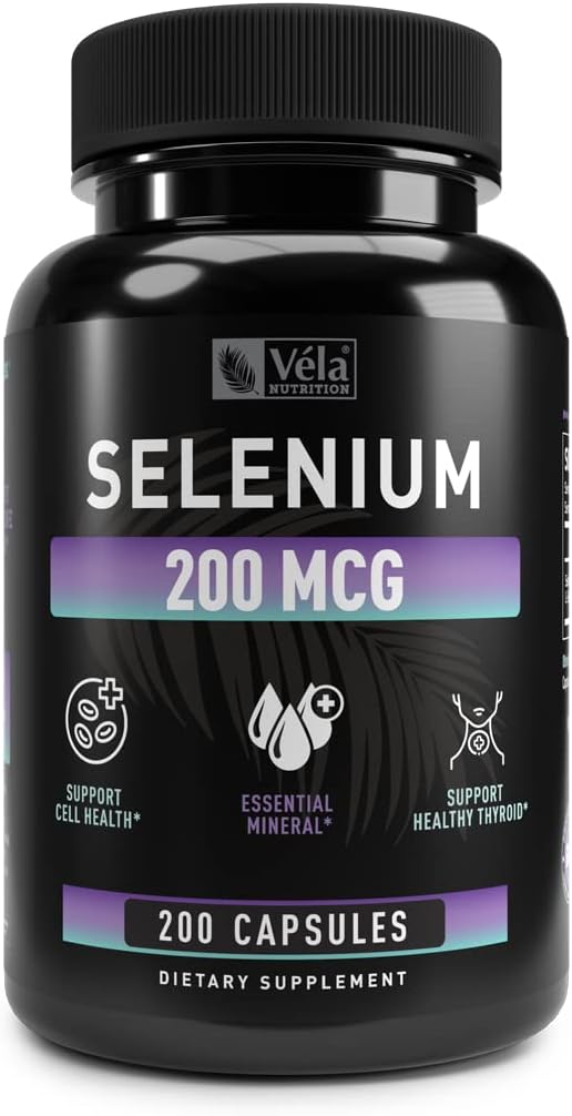 Véla Selenium Capsules 200mcg - Antioxidant, Immune, Reproductive, Thyroid Support - Non-GMO - 200 Capsules, 3rd Party Tested