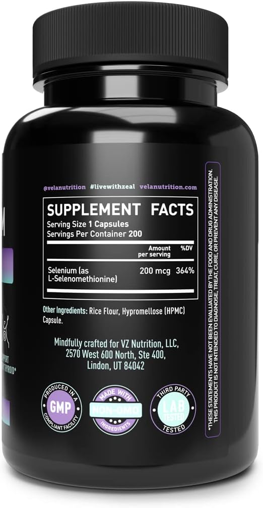 Véla Selenium Capsules 200mcg - Antioxidant, Immune, Reproductive, Thyroid Support - Non-GMO - 200 Capsules, 3rd Party Tested