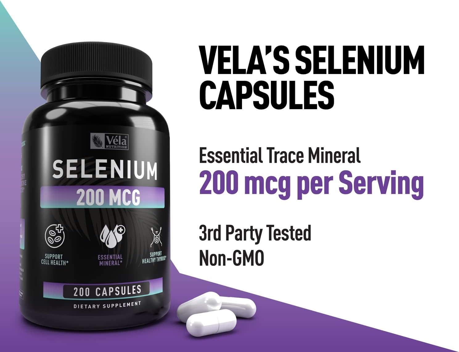 Véla Selenium Capsules 200mcg - Antioxidant, Immune, Reproductive, Thyroid Support - Non-GMO - 200 Capsules, 3rd Party Tested