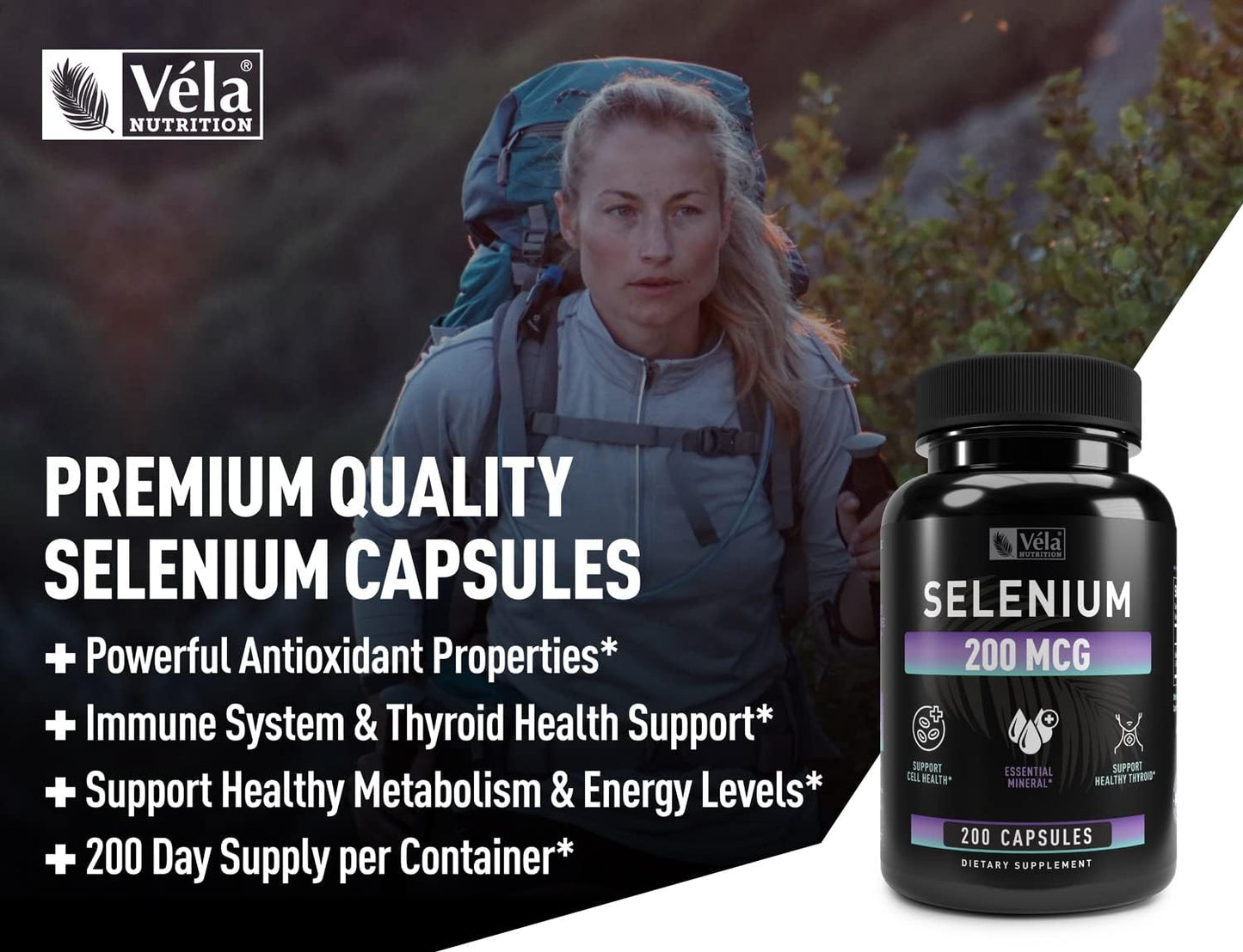 Véla Selenium Capsules 200mcg - Antioxidant, Immune, Reproductive, Thyroid Support - Non-GMO - 200 Capsules, 3rd Party Tested