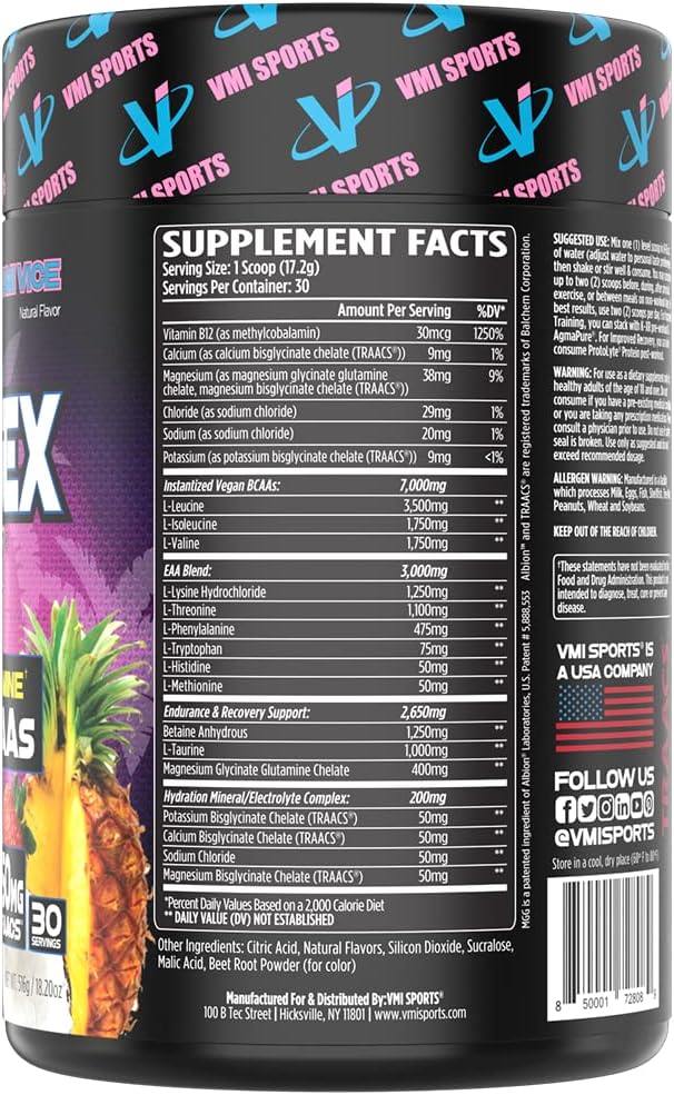 VMI Sports Aminogex Ultra BCAA Powder with Betaine, Glutamine, and Electrolytes for Post Workout Recovery (Miami Vice, 30 Servings)