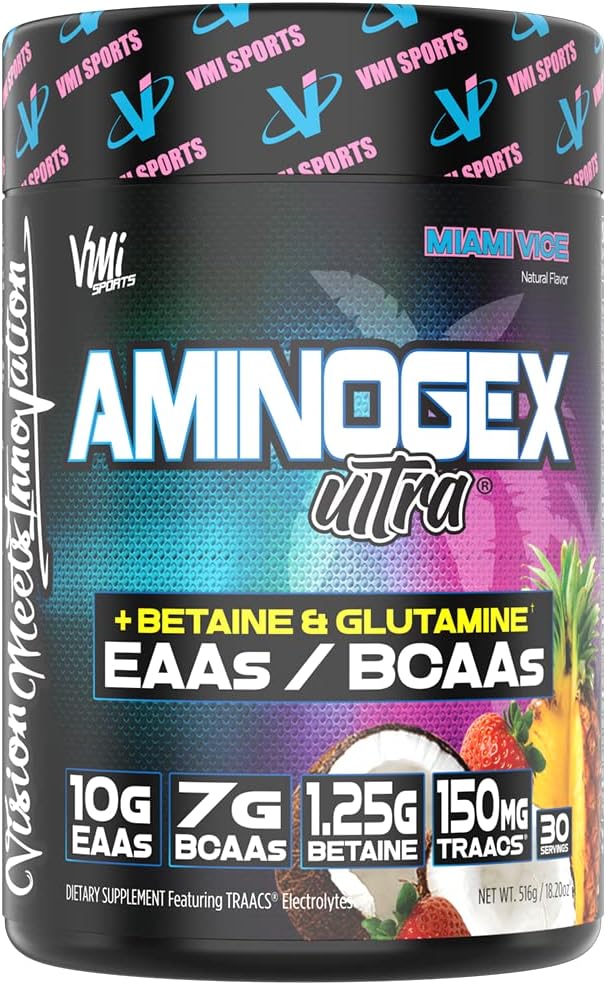 VMI Sports Aminogex Ultra BCAA Powder with Betaine, Glutamine, and Electrolytes for Post Workout Recovery (Miami Vice, 30 Servings)