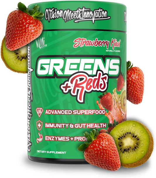 VMI Sports Greens + Reds Superfood Blend with Enzymes & Probiotics for Immunity & Gut Health - 30 Servings (Strawberry Kiwi)