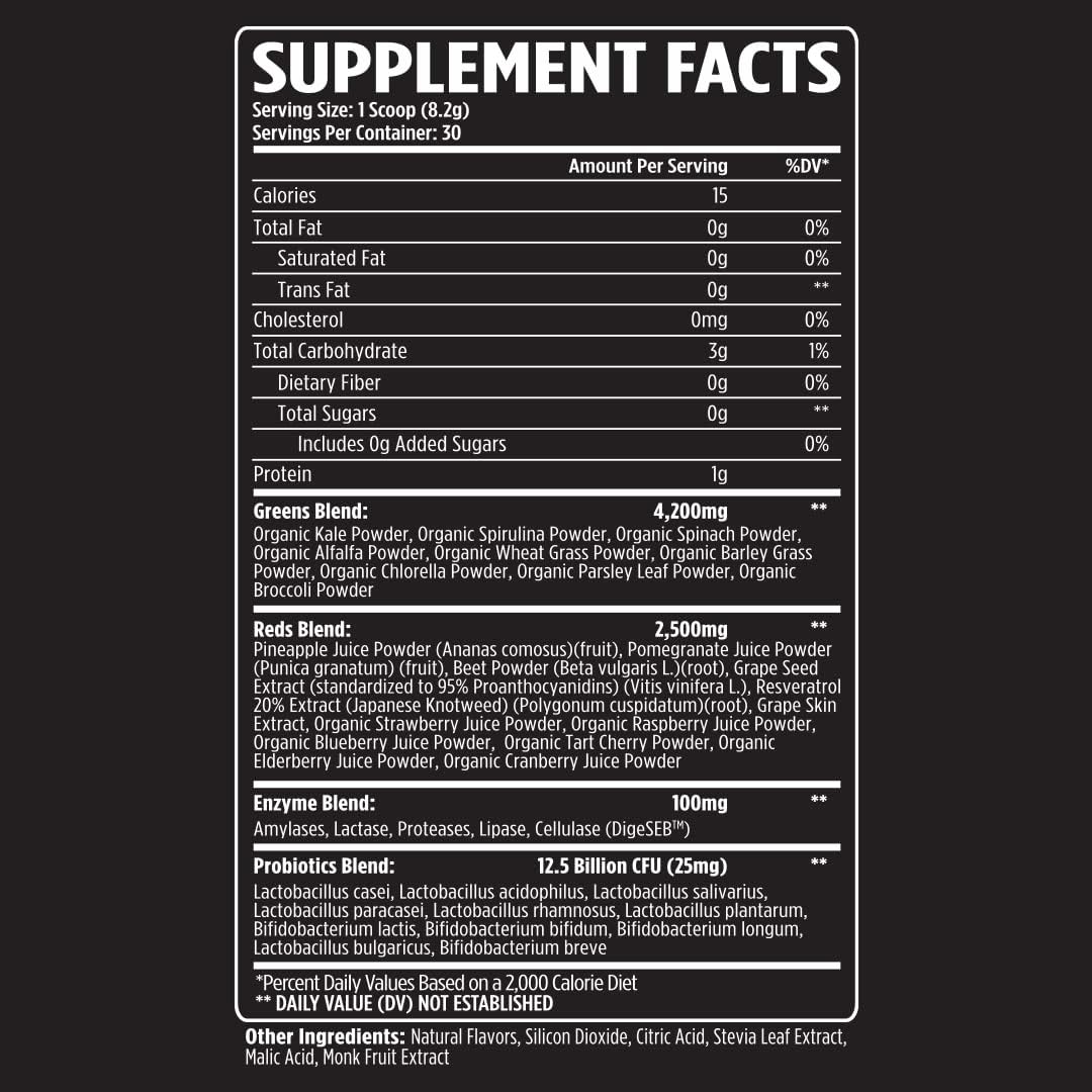 VMI Sports Greens + Reds Superfood Blend with Enzymes & Probiotics for Immunity & Gut Health - 30 Servings (Strawberry Kiwi)