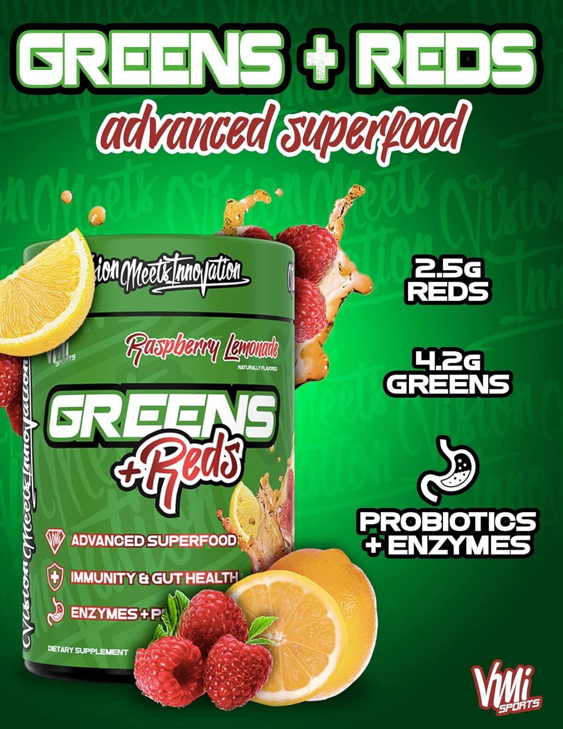 VMI Sports Greens + Reds Superfood Blend with Enzymes & Probiotics for Immunity & Gut Health - 30 Servings (Strawberry Kiwi)