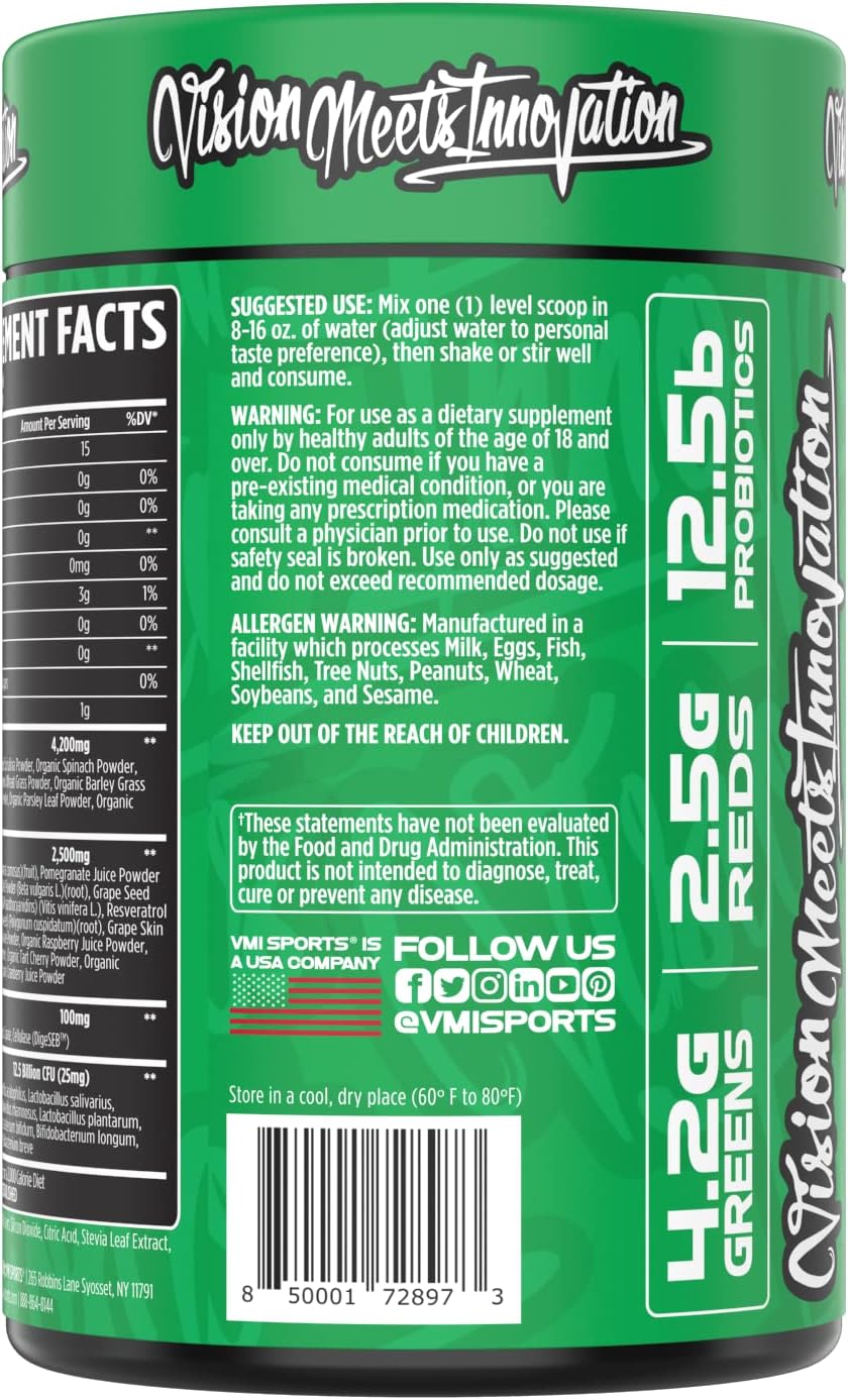 VMI Sports Greens + Reds Superfood Blend with Enzymes & Probiotics for Immunity & Gut Health - 30 Servings (Strawberry Kiwi)