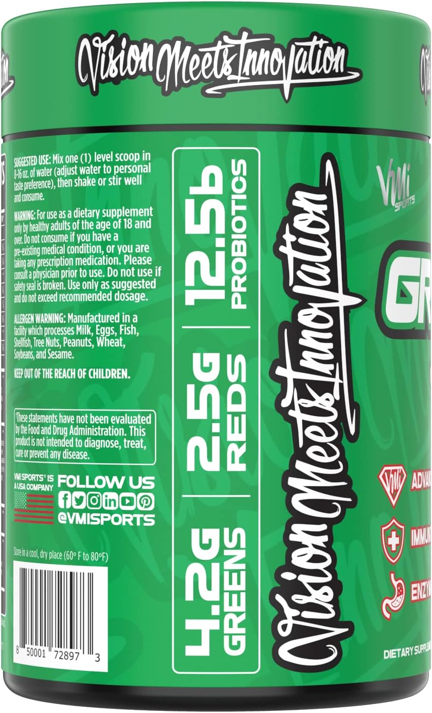 VMI Sports Greens + Reds Superfood Blend with Enzymes & Probiotics for Immunity & Gut Health - 30 Servings (Strawberry Kiwi)