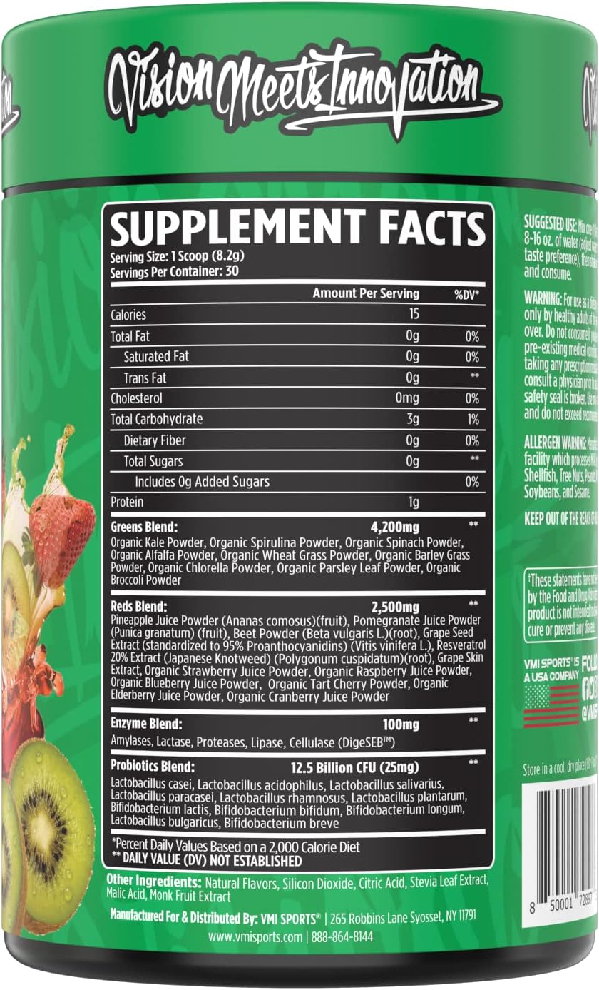VMI Sports Greens + Reds Superfood Blend with Enzymes & Probiotics for Immunity & Gut Health - 30 Servings (Strawberry Kiwi)