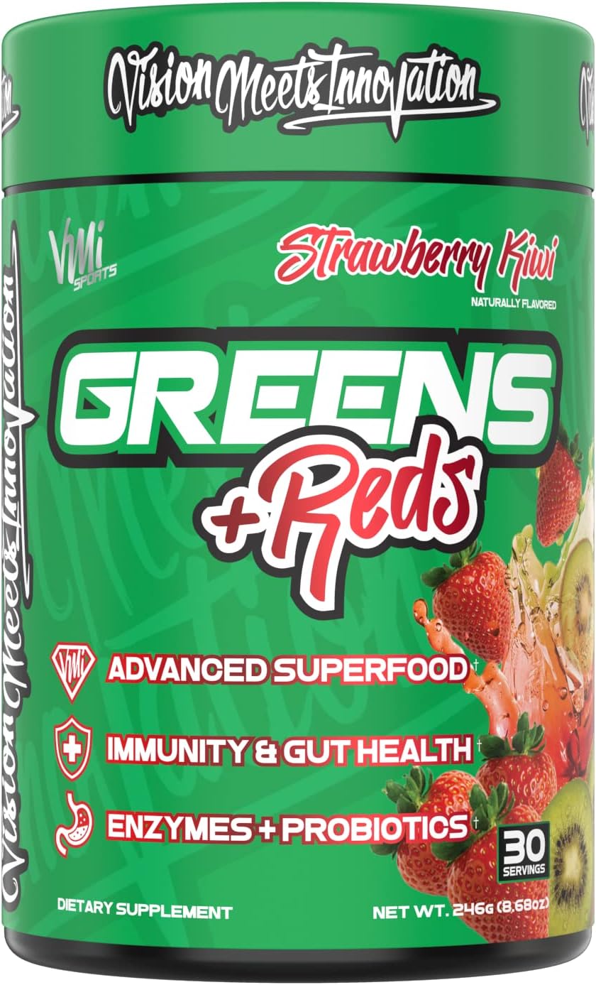 VMI Sports Greens + Reds Superfood Blend with Enzymes & Probiotics for Immunity & Gut Health - 30 Servings (Strawberry Kiwi)