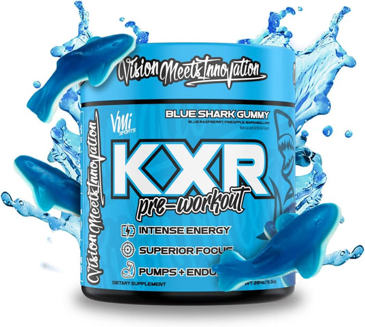 VMI Sports K-XR Pre-Workout Energy Powder - Boost Performance & Endurance | Creatine-Free Energy Drink (Blue Shark Gummy)